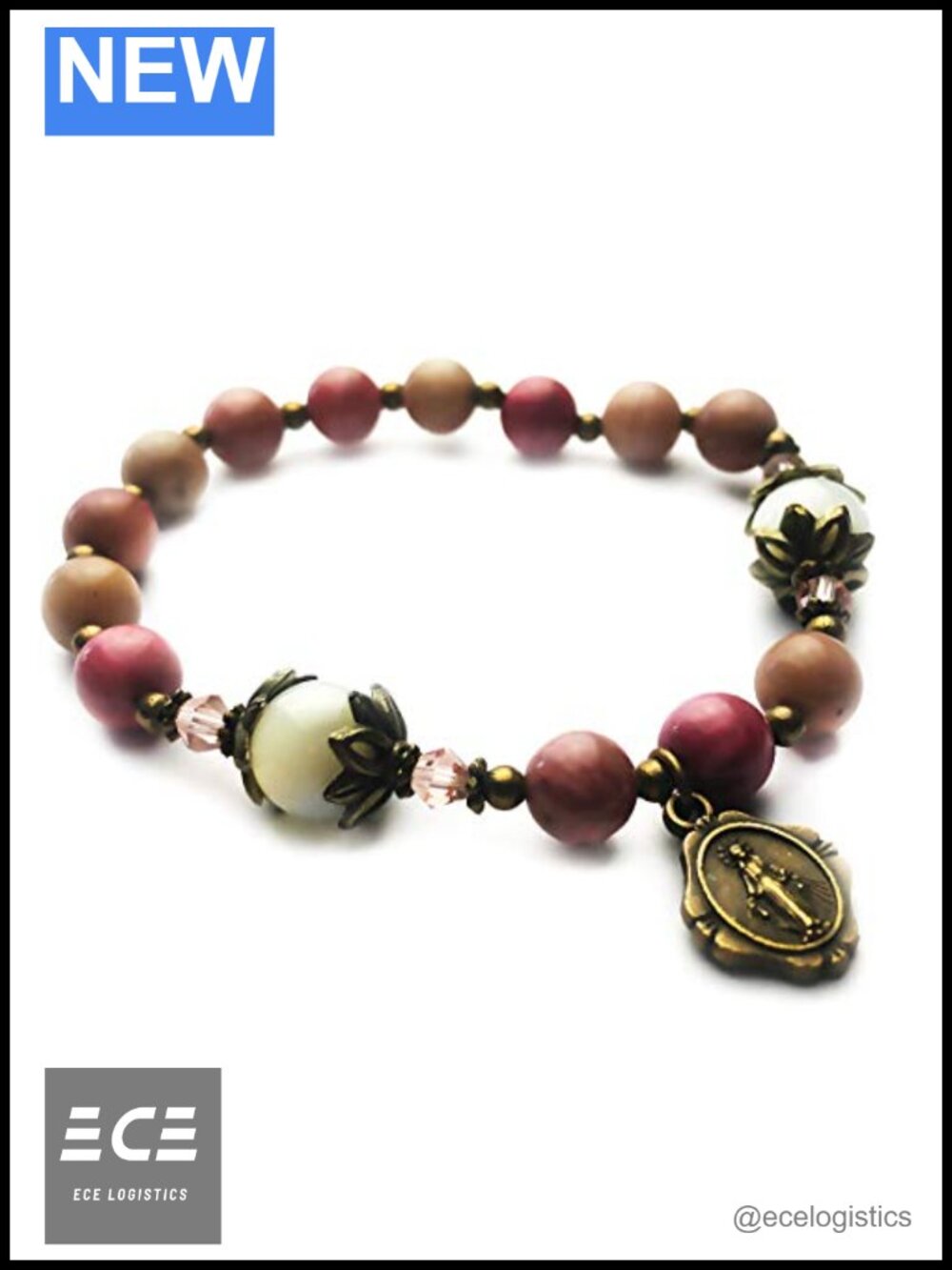 Pink Rhodonite Mother of Pearl Rosary Bracelet Catholic Charm Link